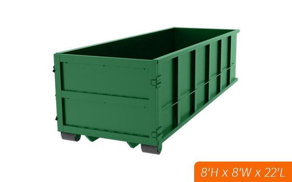 the 40 yard dumpsters are typically 22 feet long, 8 feet wide, and 8 feet tall